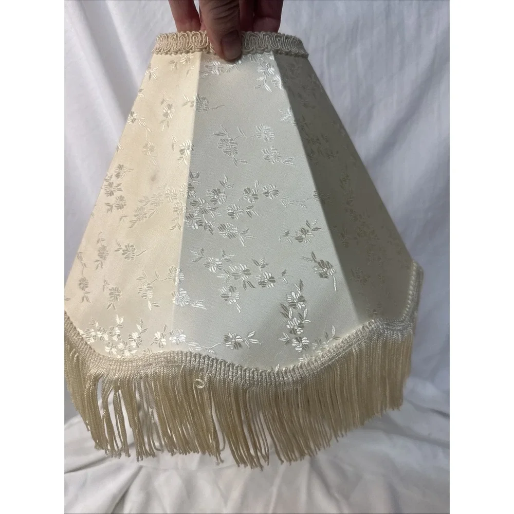 Vtg Victorian style brocade floral damask cream ivory LAMP SHADE fringe Boudoir